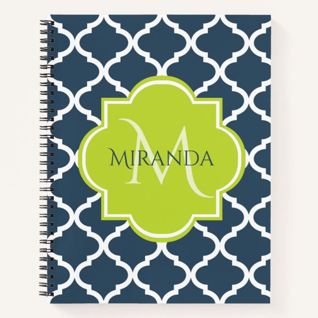Elegant Monogram Navy Green Quatrefoil and Name Notebook (Front)