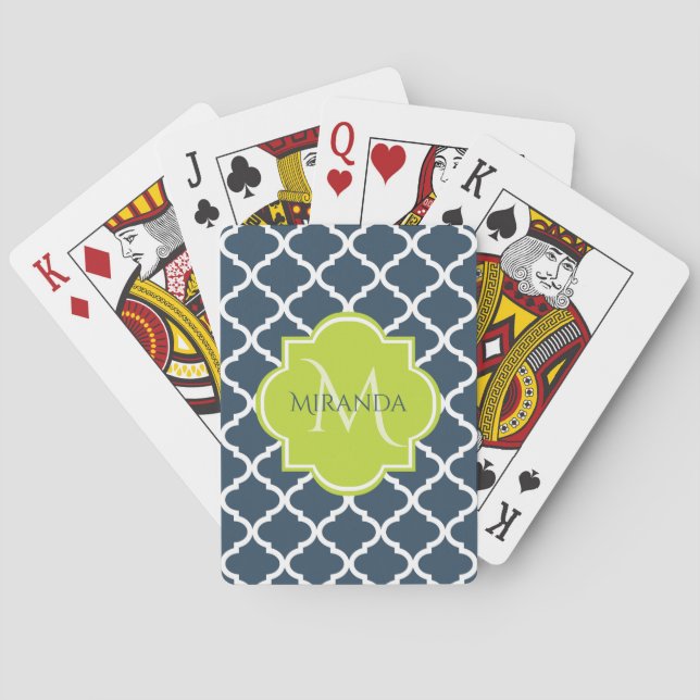 Elegant Monogram Navy Green Quatrefoil and Name Playing Cards (Back)