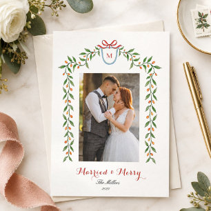 Elegant monogram Newly wed Holiday Announcement