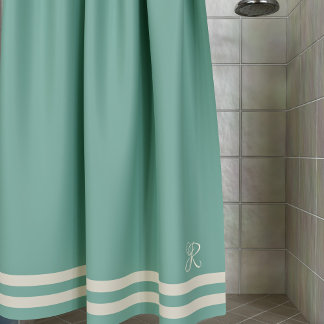 Elegant Monogram Ocean Green Cream Striped Shower Curtain