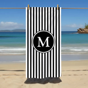 Elegant Monogram On Black And White Stripes Beach Towel