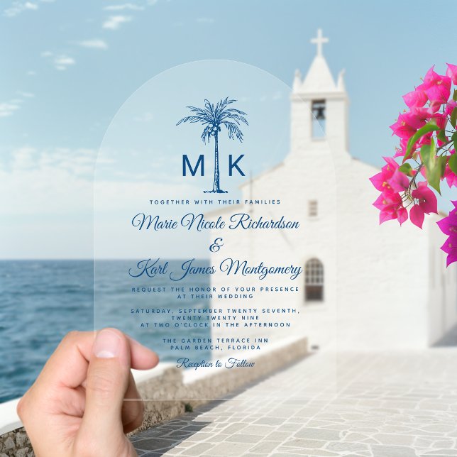 Elegant Monogram Palm Tree Formal Beach Wedding Acrylic Invitations (Elegant Monogram Palm Tree Formal Beach Wedding Acrylic Invitations)