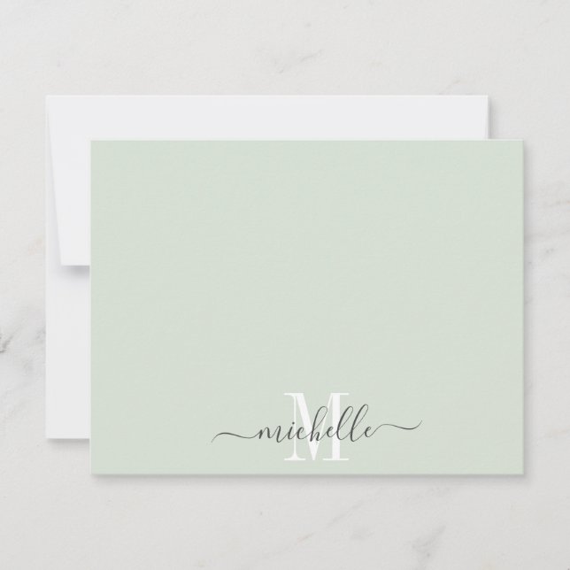 Elegant Monogram Pastel Green White Script Name Card (Front)