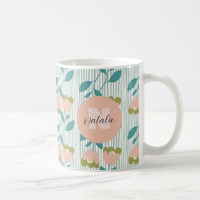 Elegant monogram pastel retro pattern floral blue coffee mug (Right)