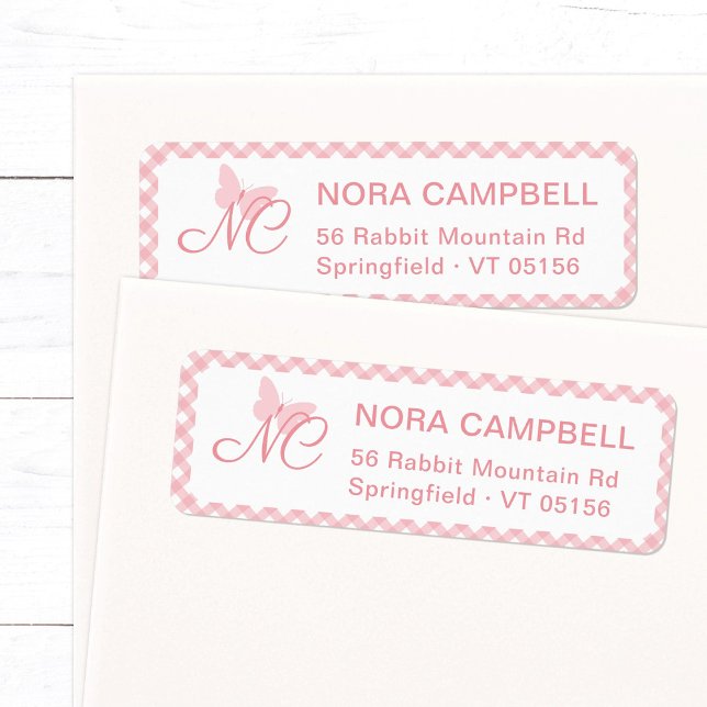 Elegant Monogram Peach Pink Gingham Return Address Label (Elegant butterfly monogram return address label in peach pink with a gingham checkered background.)