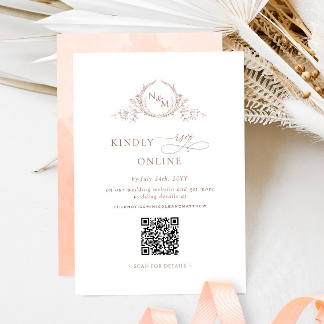Elegant Monogram Peach RSVP Online QR Code  Enclosure Card (Creator Uploaded)
