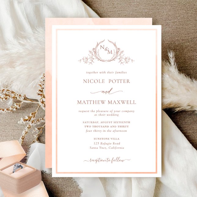 Elegant Monogram Peach Watercolor Wedding Invitation (Creator Uploaded)