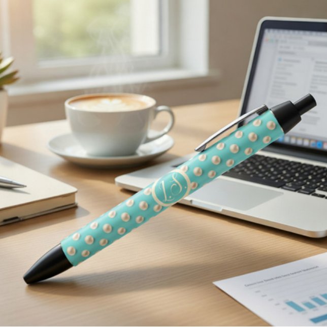 Elegant Monogram Pen with Teal Pearls Design (Creator Uploaded)