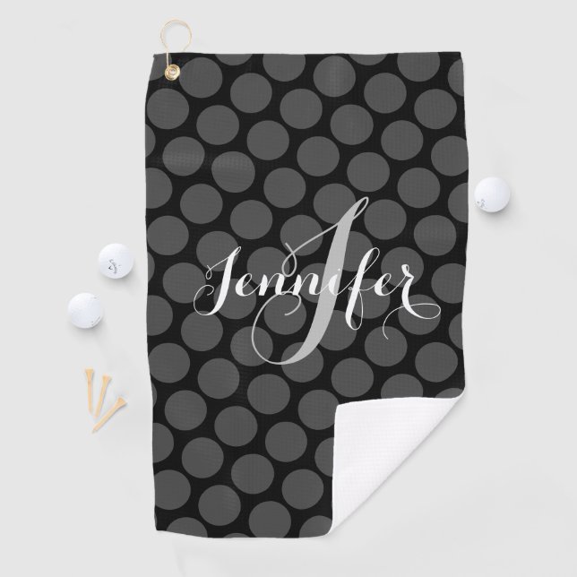 Elegant Monogram Personalised Grey Polka Dots Golf Towel (InSitu)