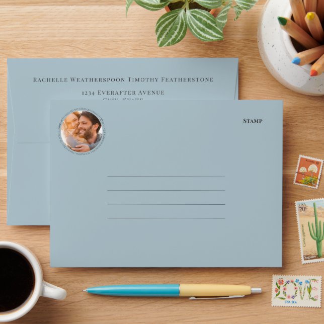 Elegant Monogram Photo Blue Grey Wedding Envelope (Desk)