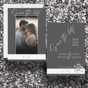 Elegant Monogram Photo Caligraphy Dark Grey  Save The Date