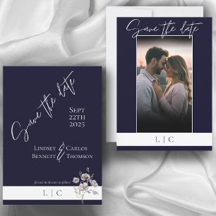 Elegant Monogram Photo Caligraphy Dark Navy Save The Date