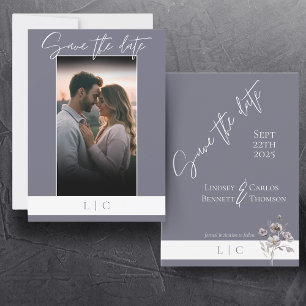 Elegant Monogram Photo Caligraphy Gloomy Grey Save The Date