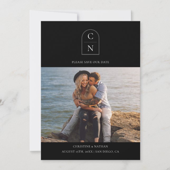 Elegant Monogram Photo QR Code  Save The Date (Front)