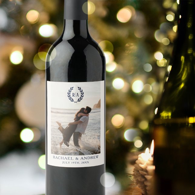 Elegant Monogram Photo Wedding Wreath Navy  Wine Label (Creator Uploaded)