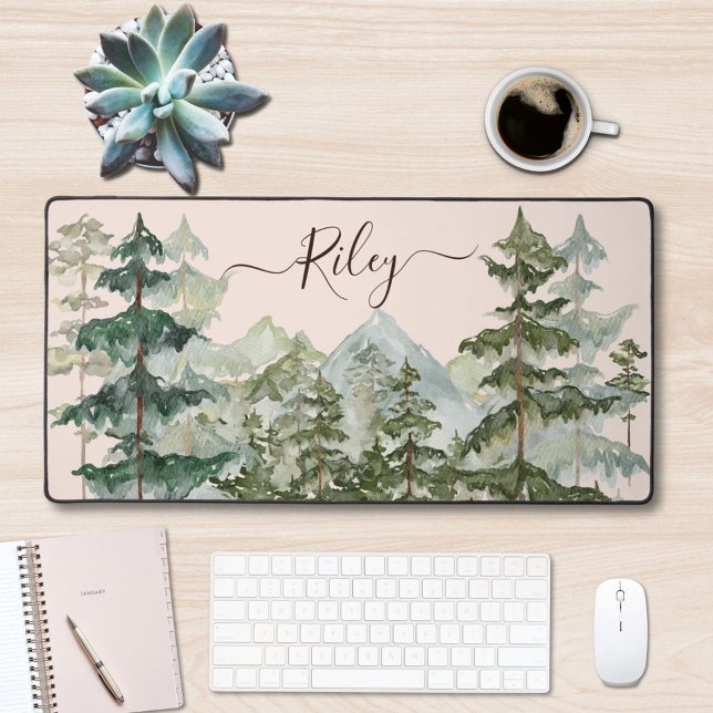 Elegant Monogram Pine Forest Mountain Desk Mat (In situ)