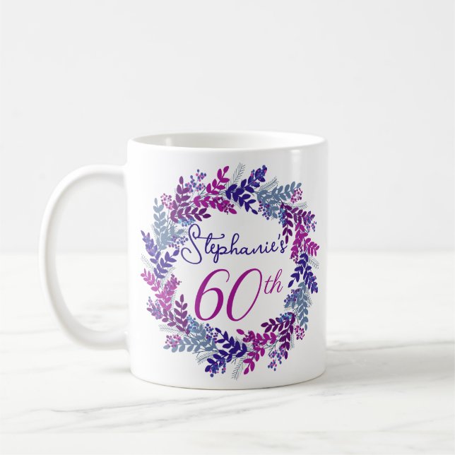 Elegant Monogram Pink and Purple 60th Birthday Coffee Mug (Left)