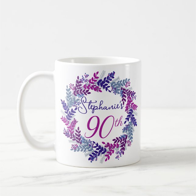 Elegant Monogram Pink and Purple 90th Birthday Coffee Mug (Left)