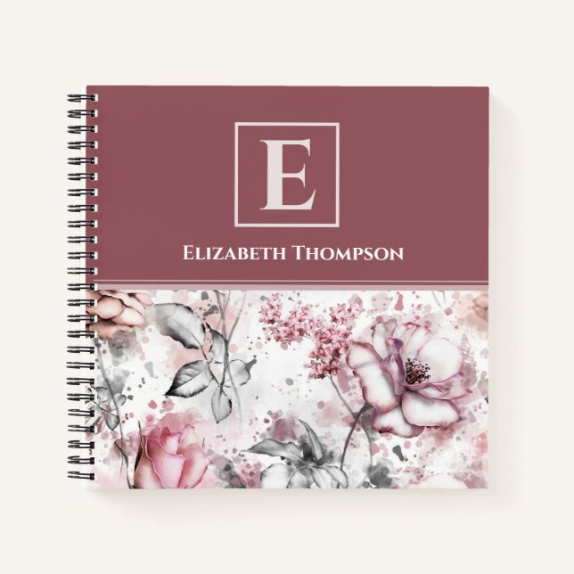 Elegant Monogram Pink and Purple Floral Botanical Notebook (Front)