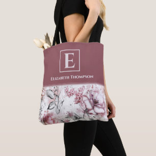 Elegant Monogram Pink and Purple Floral Botanical Tote Bag