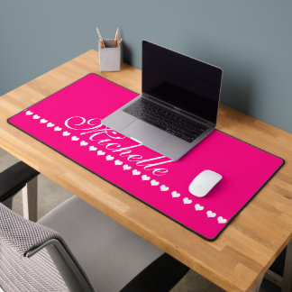 Elegant Monogram Pink and White Hearts Desk Mat