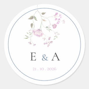 Elegant Monogram Pink & Blue Floral Wedding Classic Round Sticker