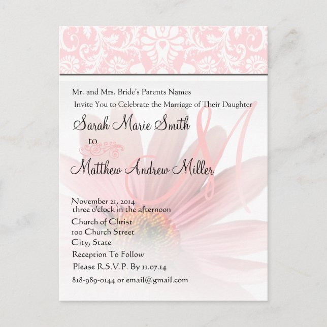 Elegant Monogram Pink Daisy Wedding Invitation Postcard (Front)