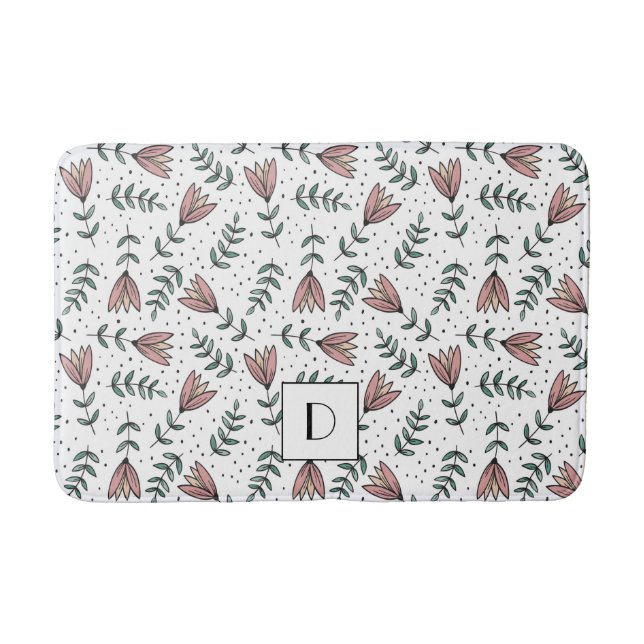Elegant Monogram Pink Floral Pattern  Bath Mat (Front)