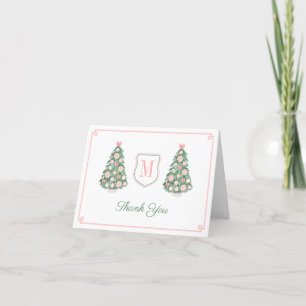 Elegant Monogram Pink Green Christmas Baby Shower Thank You Card