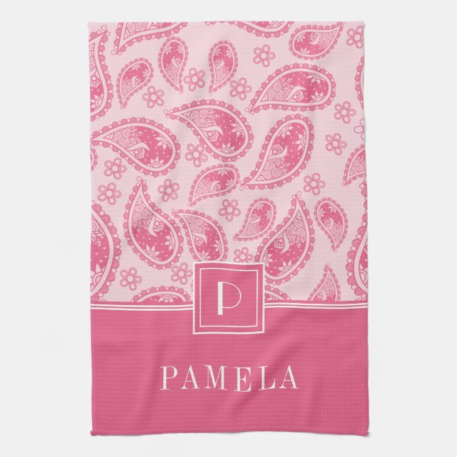Elegant Monogram Pink Pattern Tea Towel (Vertical)