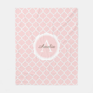 Elegant Monogram Pink White Modern Script Fleece Blanket