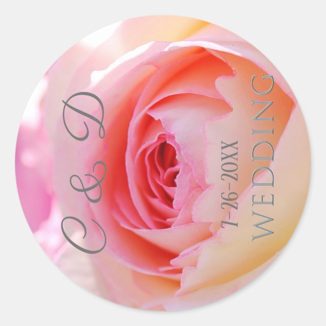 Elegant. Monogram Pink With Yellow Wedding Rose Classic Round Sticker (Front)