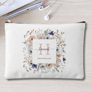 Elegant Monogram Pretty Beige Blue Flowers Floral Accessory Pouch