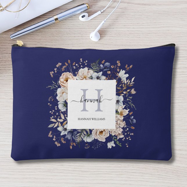 Elegant Monogram Pretty Beige Blue Flowers Floral Accessory Pouch (In situ)