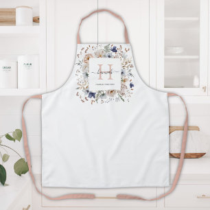 Elegant Monogram Pretty Beige Blue Flowers Floral Apron