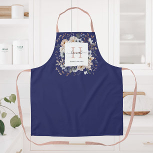 Elegant Monogram Pretty Beige Blue Flowers Floral Apron