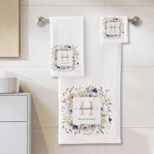 Elegant Monogram Pretty Beige Blue Flowers Floral Bath Towel Set