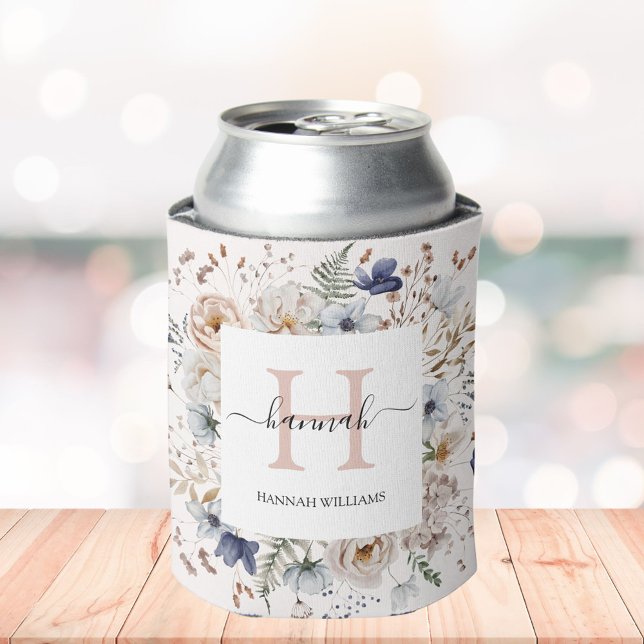Elegant Monogram Pretty Beige Blue Flowers Floral Can Cooler (In situ)