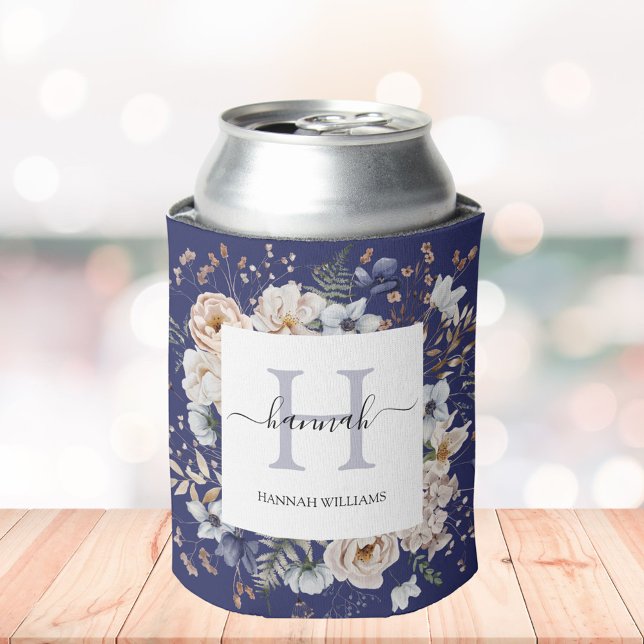 Elegant Monogram Pretty Beige Blue Flowers Floral Can Cooler (In situ)