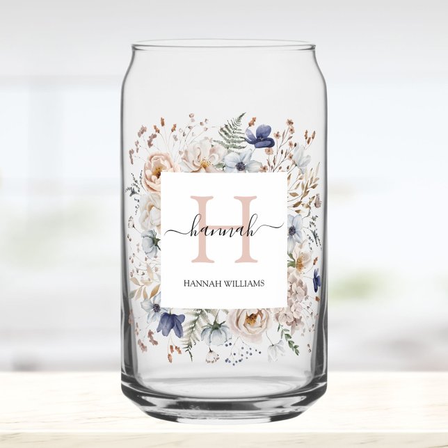 Elegant Monogram Pretty Beige Blue Flowers Floral Can Glass (In situ)