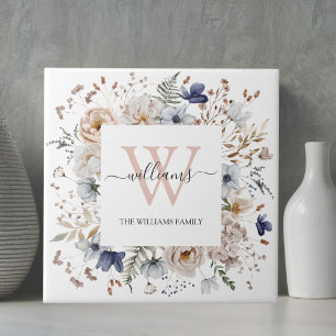 Elegant Monogram Pretty Beige Blue Flowers Floral Ceramic Tile