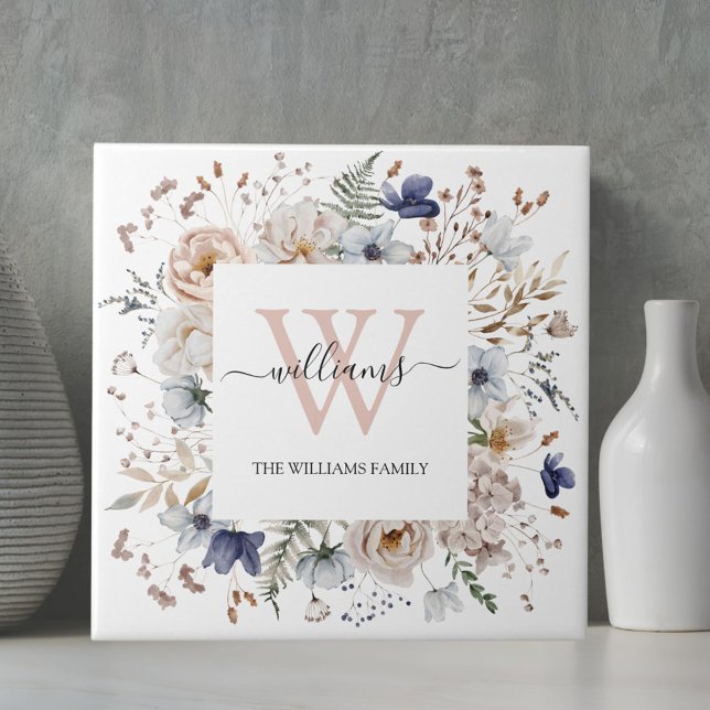 Elegant Monogram Pretty Beige Blue Flowers Floral Ceramic Tile (In situ)