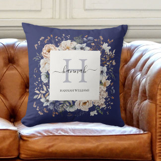 Elegant Monogram Pretty Beige Blue Flowers Floral Cushion