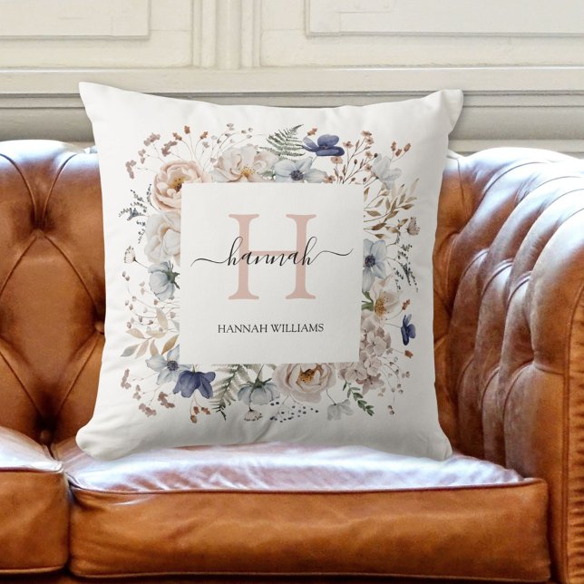 Elegant Monogram Pretty Beige Blue Flowers Floral Cushion (In situ 2)