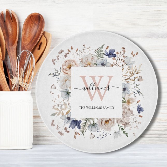 Elegant Monogram Pretty Beige Blue Flowers Floral Cutting Board (In situ)
