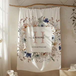 Elegant Monogram Pretty Beige Blue Flowers Floral Fleece Blanket