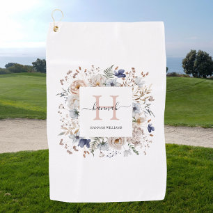 Elegant Monogram Pretty Beige Blue Flowers Floral  Golf Towel
