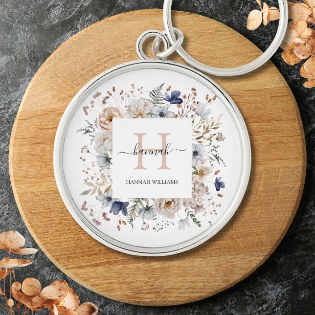 Elegant Monogram Pretty Beige Blue Flowers Floral Key Ring (In situ)