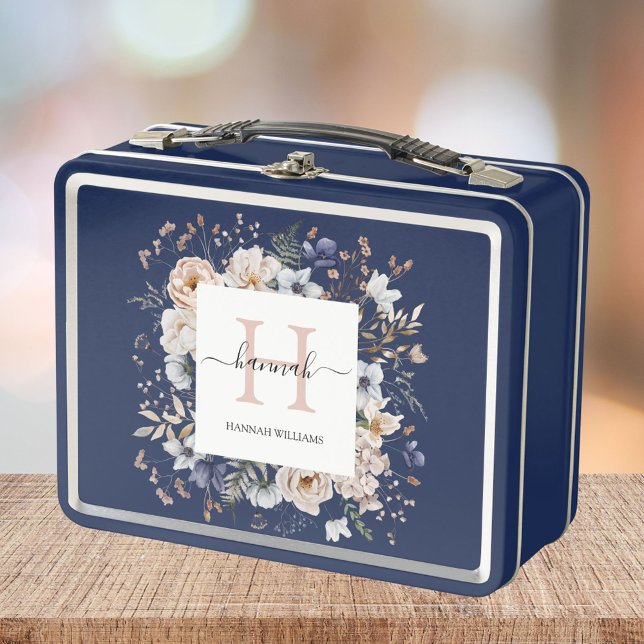 Elegant Monogram Pretty Beige Blue Flowers Floral Metal Lunch Box (In situ)