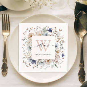Elegant Monogram Pretty Beige Blue Flowers Floral Napkin